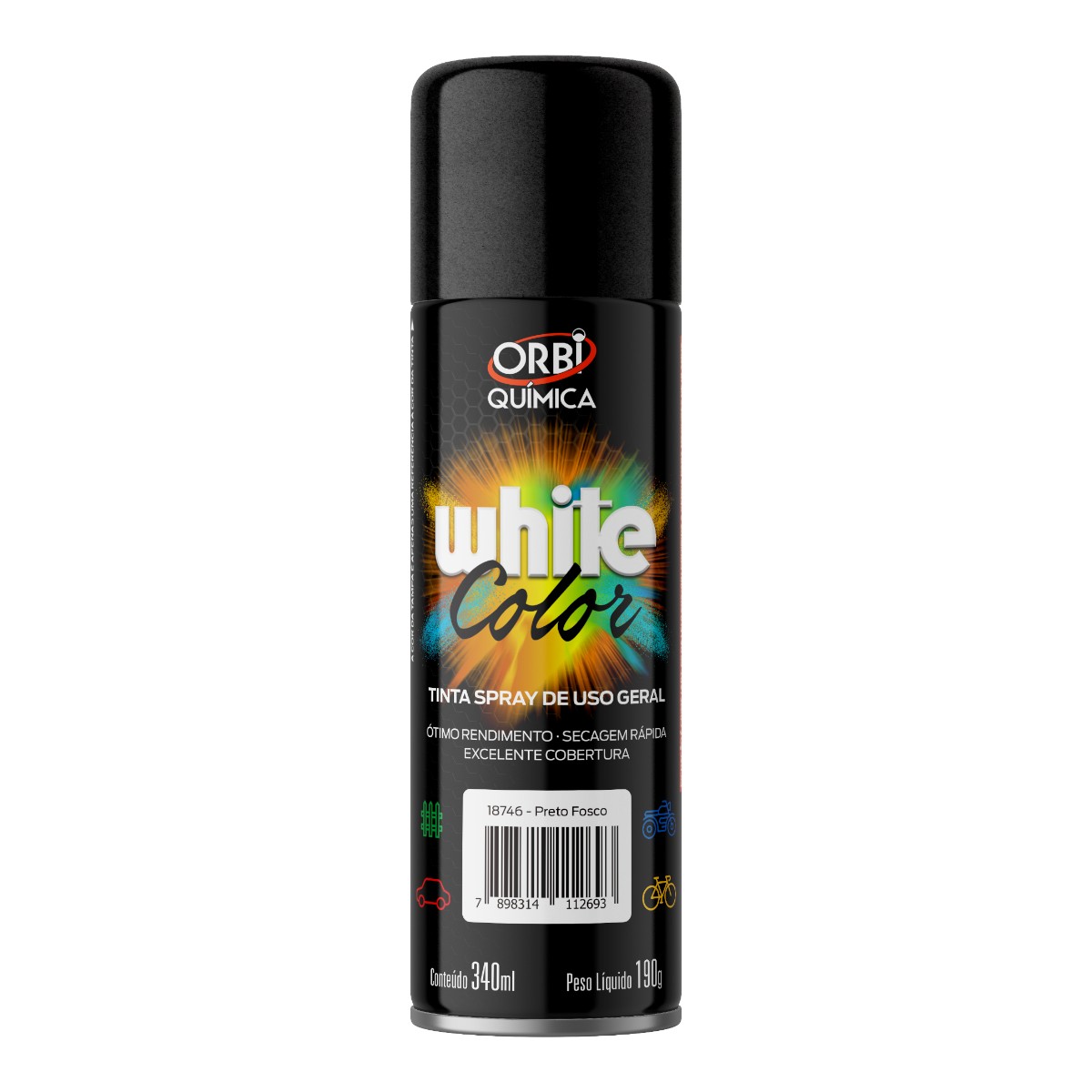 Tinta Spray White Color Preto Fosco 340ml Orbi Química [18746]
